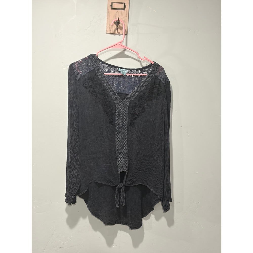 Nostalgia Gray Boho Crinkle Gauze Lace Embroidery Tie Front Blouse Top Medium